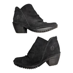 Fly London Wezo Black Ruched Suede Almond Toe Block Heel Ankle Books 37 6.5